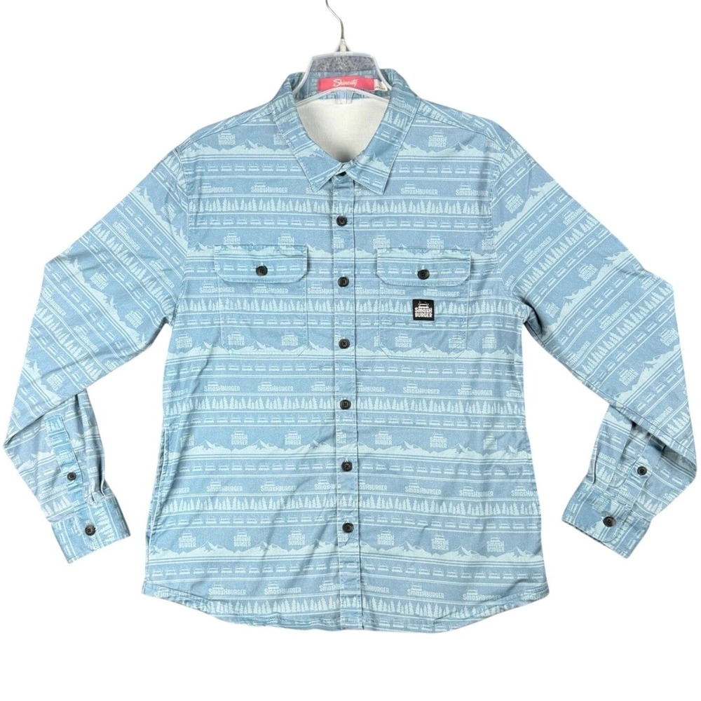 Shinesty Smashburger Men's Size L Blue Mountain Print Button Down Shirt Stretch